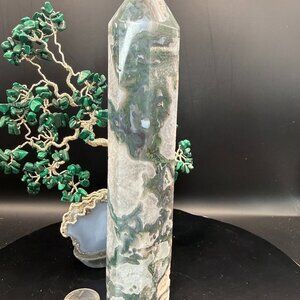 Large Moss Agate Crystal Point Tower: 7.50" Tall Druzy  68